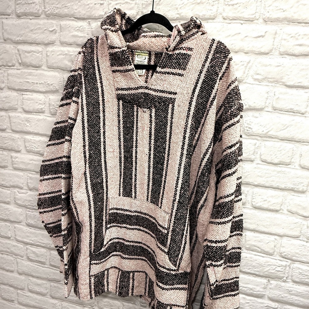 Mexican Poncho Baja Hoodie Surfer Skater Drug Rug Pullover Pink Black Stripes 2X - Picture 13 of 13